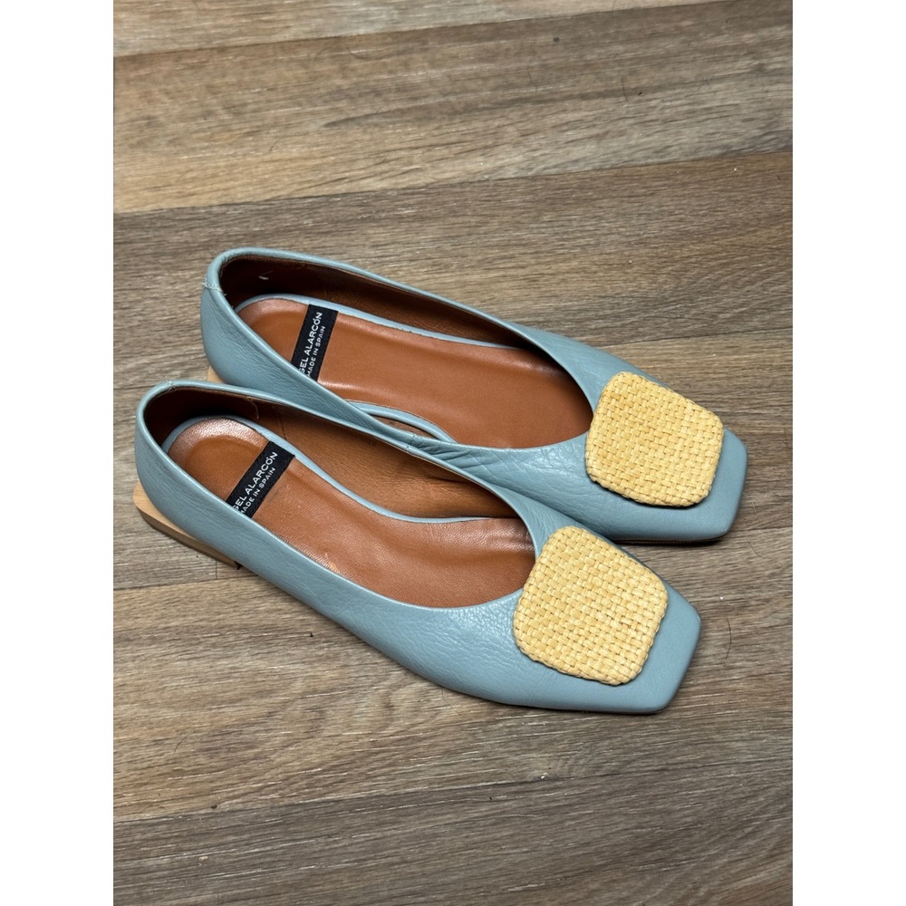 Angel Alarcon Light Blue Leather Square Toe Flats Woven Buckle Made in Spain - Picture 2 of 10